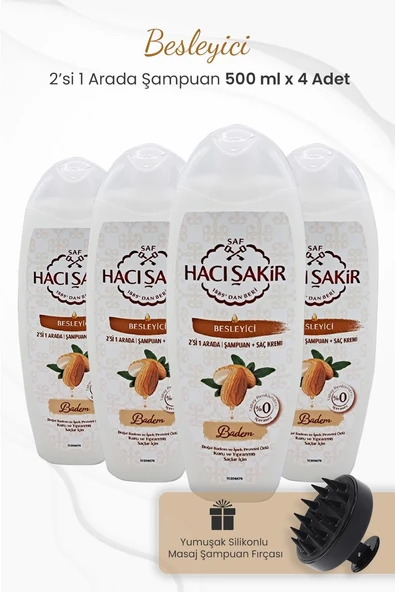 Hacı Şakir Badem 2si 1 Arada Şampuan 500 ml x 4 Adet ve Şampuan Fırçası Siyah ürün görseli 1