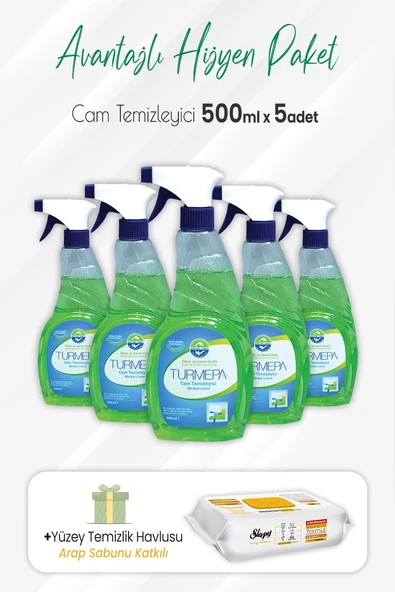 Turmepa Cam Temizleyici 500 ml x 5 Adet ve Arap Sabunlu Yüzey Temizlik 100' lü ürün görseli 1