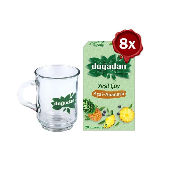 Doğadan Yeşil Çay Açai Ananaslı Bardak Poşet Çay x 8 ve Doğadan Cam Bardak Hediyeli ürün görseli 1
