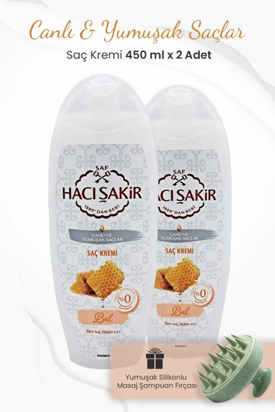 Hacı Şakir Bal Saç Kremi Canlı Ve Yumuşak Saçlar 450 ml x 2 Adet ve Şampuan Fırçası Yeşil ürün görseli 1