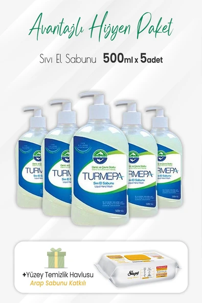 Turmepa Sıvı Sabun 500 ml x 5 Adet ve Arap Sabunlu Yüzey Temizlik 100' lü ürün görseli 1
