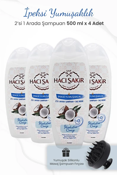 Hacı Şakir Hindistan Cevizi 2si 1 Arada Şampuan 500 ml x 4 Adet ve Şampuan Fırçası Siyah ürün görseli 1