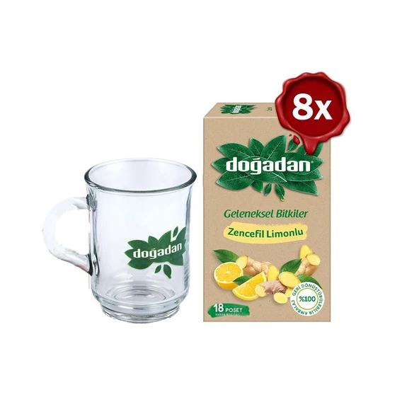 Doğadan Zencefil Limonlu Bitki Çayı 18'li x 8 ve Doğadan Cam Bardak Hediyeli ürün görseli 1