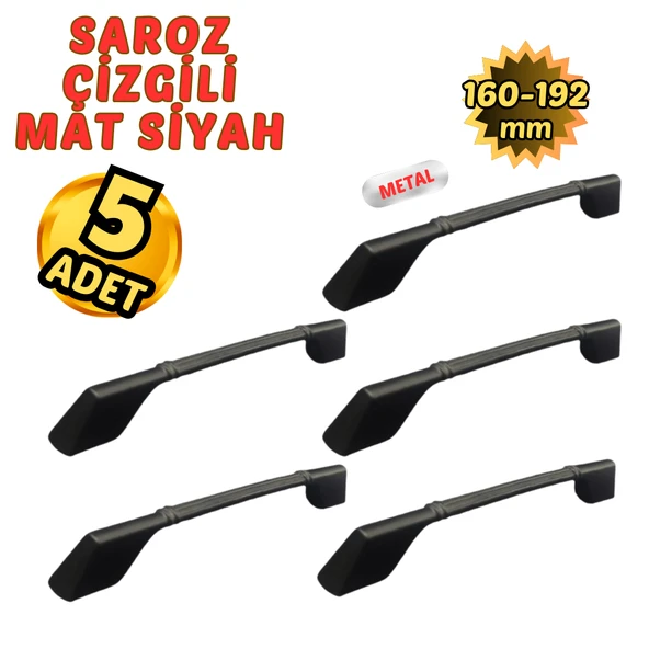 5 Adet Metal Saroz Çizgili Mobilya Çekmece Dolap Kulpu Mat Siyah 160-192mm ürün görseli 1