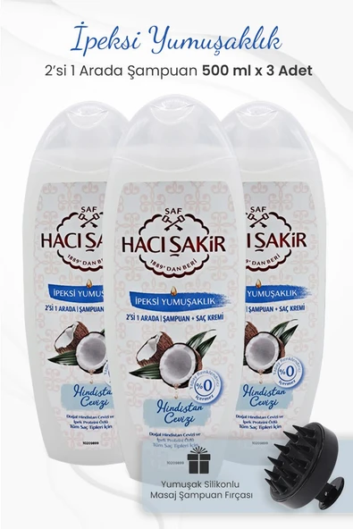 Hacı Şakir Hindistan Cevizi 2si 1 Arada Şampuan 500 ml x 3 Adet ve Şampuan Fırçası Siyah ürün görseli 1