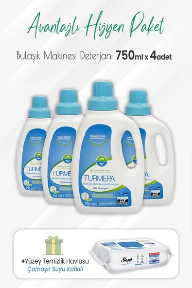 Turmepa Jel Bulaşık Makinesi 750 ml x 4 Adet ve Çamaşır Sulu Yüzey Temizlik 100' lü ürün görseli 1