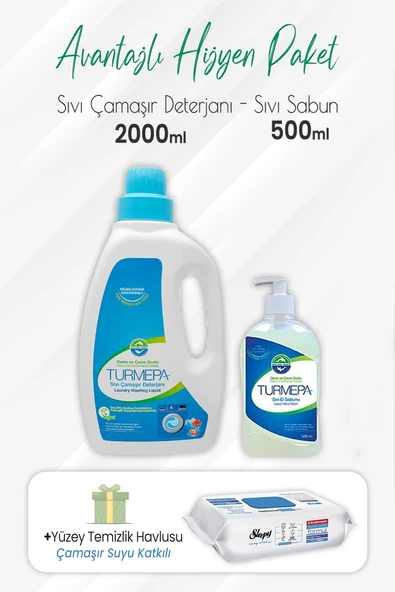 Turmepa Sıvı Çamaşır Deterjanı 2 lt, Sıvı Sabun 500 ml ve Çamaşır Sulu Havlu 100'lü ürün görseli 1