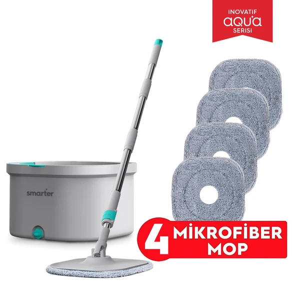 SMARTER AQUA MASTER 4 ADET MİKROFİBER MOP TEMİZ&KİRLİ SUYU AYIRMA ÖZELLİĞİ OTOMATİK TEMİZLİK SETİ PASPAS ürün görseli 1