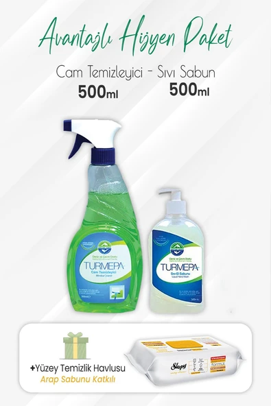 Turmepa Cam Temizleyici 500 ml, Sıvı Sabun 500 ml ve Arap Sabunlu 100'lü ürün görseli 1