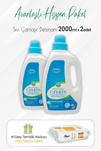 Turmepa Sıvı Çamaşır Deterjanı 2 lt x 2 Adet ve Arap Sabunlu Yüzey Temizlik 100' lü ürün görseli 1