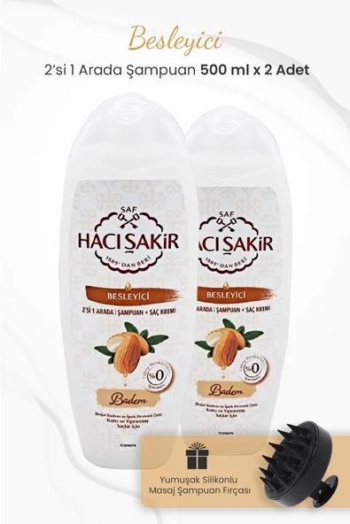 Hacı Şakir Badem 2si 1 Arada Şampuan 500 ml x 2 Adet ve Şampuan Fırçası Siyah ürün görseli 1