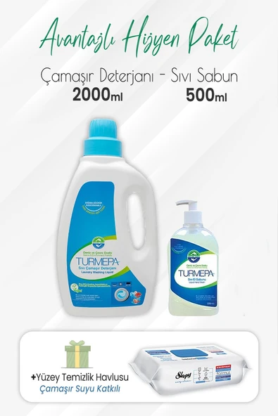 Turmepa Sıvı Sabun 500 ml, Çamaşır Deterjanı 2 lt ve Çamaşır Sulu Yüzey Temizlik 100'lü ürün görseli 1