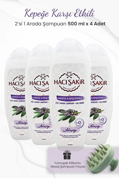 Hacı Şakir Adaçayı 2si 1 Arada Şampuan 500 ml x 4 Adet ve Şampuan Fırçası Yeşil ürün görseli 1