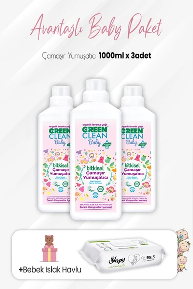 Green Clean Baby Çamaşır Yumuşatıcı 1 lt x 3 Adet ve Natural Yenidoğan 60'lı ürün görseli 1