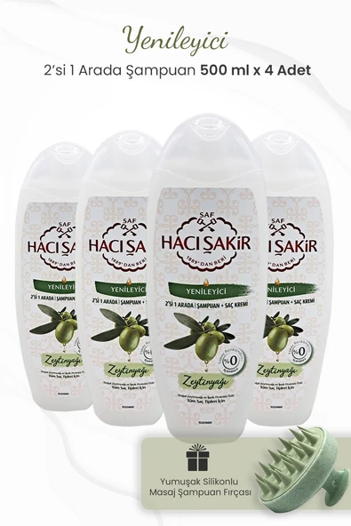 Hacı Şakir Zeytinyağlı 2si 1 Arada Şampuan 500 ml x 4 Adet ve Şampuan Fırçası Yeşil ürün görseli 1