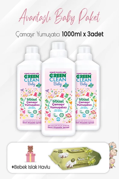 Green Clean Baby Yumuşatıcı 1000 ml x 3 Adet ve Zeytinyağlı Pamuklu 50'li ürün görseli 1