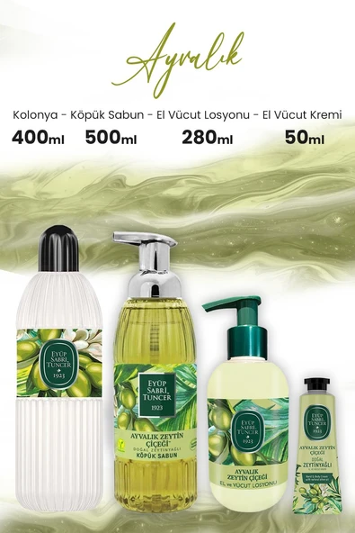 Eyüp Sabri Tuncer Ayvalık Zeytin Vücut Losyonu 280 ml, Kolonya 400 ml, Krem 50 ml ve Köpük Sabun 500 ml ürün görseli 1