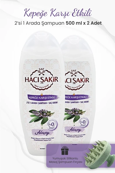 Hacı Şakir Adaçayı 2si 1 Arada Şampuan 500 ml x 2 Adet ve Şampuan Fırçası Yeşil ürün görseli 1
