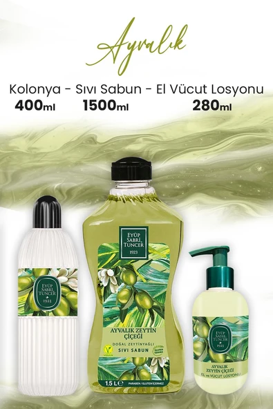 Eyüp Sabri Tuncer Ayvalık Zeytin Vücut Losyonu 280 ml, Kolonya 400 ml ve Sıvı Sabun 1500 ml ürün görseli 1