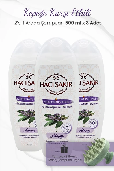 Hacı Şakir Adaçayı 2si 1 Arada Şampuan 500 ml x 3 Adet ve Şampuan Fırçası Yeşil ürün görseli 1