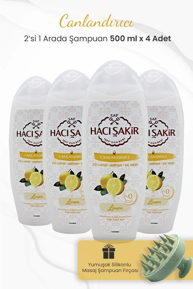 Hacı Şakir Limon 2si 1 Arada Şampuan 500 ml x 4 Adet ve Şampuan Fırçası Yeşil ürün görseli 1