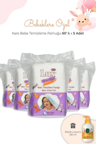 Lux Bebe Temizleme Pamuğu Kare 60' lı x 5 Adet ve Bebek Losyonu ürün görseli 1