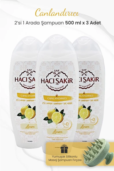 Hacı Şakir Limon 2si 1 Arada Şampuan 500 ml x 3 Adet ve Şampuan Fırçası Yeşil ürün görseli 1