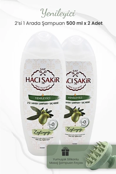 Hacı Şakir Zeytinyağlı 2si 1 Arada Şampuan 500 ml x 2 Adet ve Şampuan Fırçası Yeşil ürün görseli 1