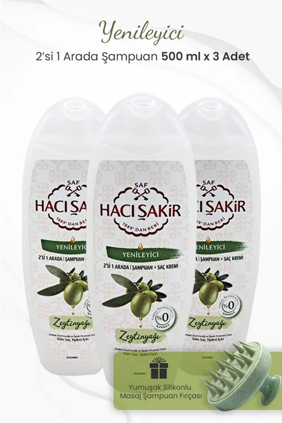 Hacı Şakir Zeytinyağlı 2si 1 Arada Şampuan 500 ml x 3 Adet ve Şampuan Fırçası Yeşil ürün görseli 1