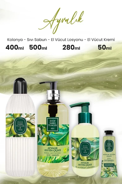 Eyüp Sabri Tuncer Ayvalık Zeytin Vücut Losyonu 280 ml, Sıvı Sabun 500 ml, Kolonya 400 ml ve Krem 50 ml ürün görseli 1