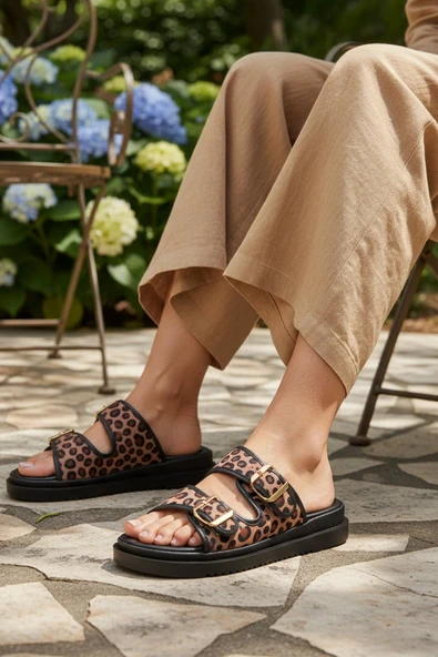 Leopar Desenli Tekstil Kadın Terlik - Resim 3