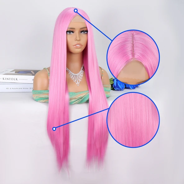 Pembe Ekstra Uzun Tül Peruk - Resim 4