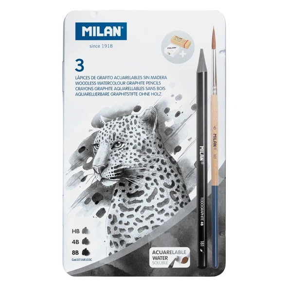 MILAN 07168103C GRAPHITE HB,4B,8B SUDA ÇÖZÜNÜR KURŞUN KALEM 3LÜ (KALEMTRAŞ+FIRÇA+SİLGİ SET) ürün görseli 1