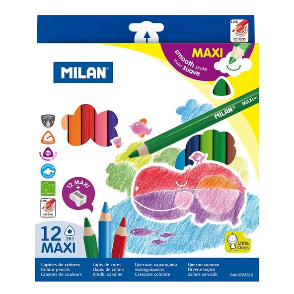 MILAN 0722612 MAXI ÜÇGEN KURUBOYA +KALEMTRAŞ (5MM UÇ) - 12RENK ürün görseli 1