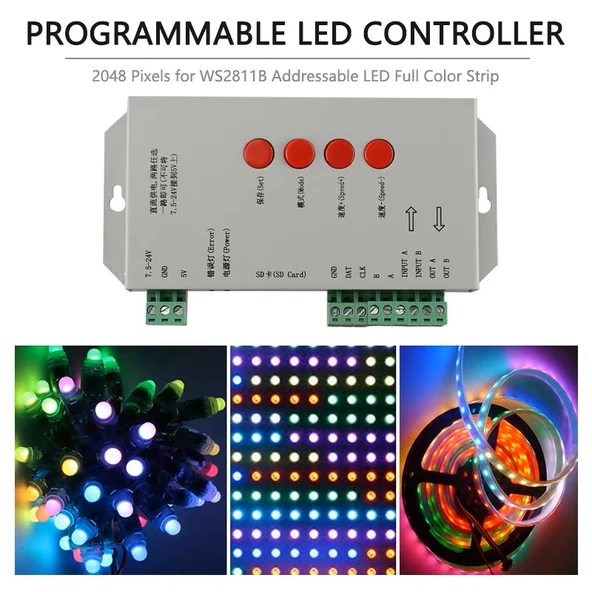 T1000S LED Piksel Kontrol Cihazı Düzenleme Yazılımı 2048 SD Kart kayıt DC 5-24V Işık aydınlatma 256MB Hafıza WS2811 RGB destekli ürün görseli 1