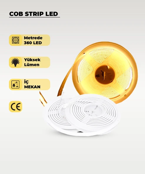 12V COB Şerit Led 3200K Sarı Işık  - Metrede 360 Led - 5 Metre ürün görseli 1