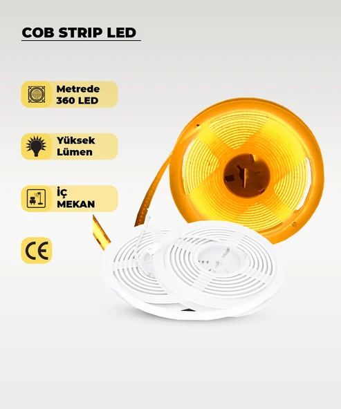 12V COB Şerit Led Amber Işık  - Metrede 360 Led - 5 Metre ürün görseli 1