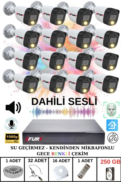FURY 16 LI Sesli Gece Renkli Görüş Güvenlik Kamerası Su Geçirmez Güvenlik Kamerası Seti 250GB ürün görseli 1
