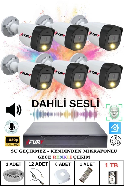 FURY 6 lı Sesli Gece Renkli Görüş Güvenlik Kamerası Su Geçirmez Güvenlik Kamerası Seti 1TB ürün görseli 1