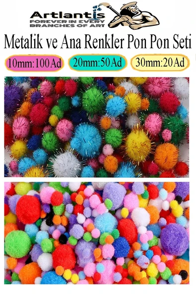 Renkli Pon Pon 10 20 30 mm 170 li 1 Paket Metalik ve Ana Renkler Peluş Ponpon Tüylü Ponpon Okul Öncesi Kreş Elişi ürün görseli 1