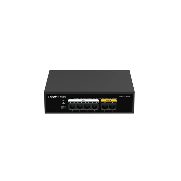 RUIJIE REYEE RG-ES106F-P 6 PORT 10/100 4 PORT POE 2 PORT UPLINK 54W YONETILEMEZ DESKTOP SWITCH ürün görseli 1