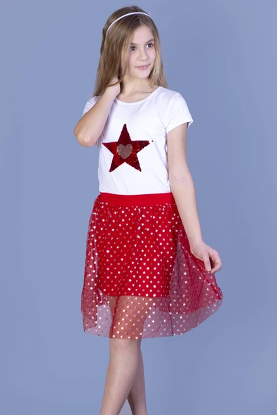 Toontoy Kız Çocuk 2'li Takım Baskılı Bisiklet Yaka T-Shirt & Astarlı Tül Etek ürün görseli 1