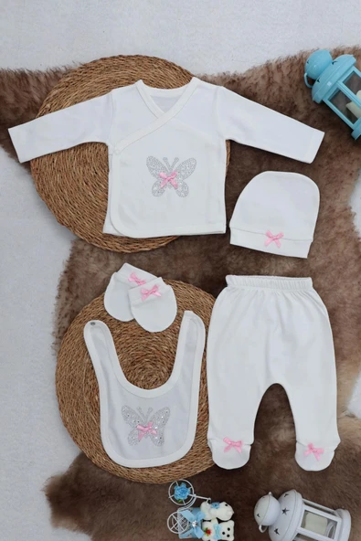 Sema Baby 5 Parça Hastane Çıkışı Zıbın Seti 0-3 Ay - Pink Butterfly ürün görseli 1