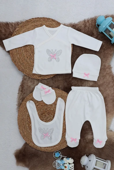 Sema Baby 5 Parça Hastane Çıkışı Zıbın Seti 0-3 Ay - Pink Butterfly ürün görseli 1