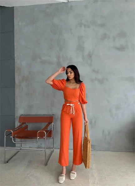 KETEN CROP KARPUZ KOL BLUZ-PANTOLON HASIR KEMERLİ - Orange ürün görseli 1