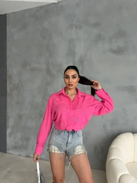 NAKIŞLI HAM KETEN GÖMLEK - Pembe ürün görseli 1