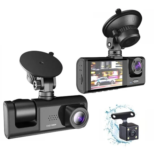 1080P DVR 3 Adet Ön Arka iç Geniş Açılı Sürüş Kaydedici 2 İnç Ekranlı Gece Görüşlü Araç Kamerası ürün görseli 1