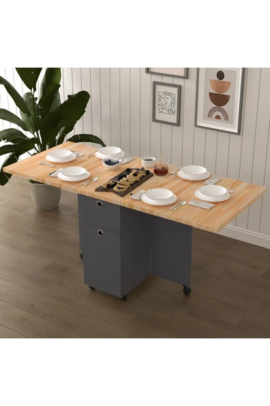 Lüks Masif Ahşap Katlanır Mutfak Yemek Masası %100 MDF Pratik Çekmeceli Çalışma Masası KM24 ürün görseli 1