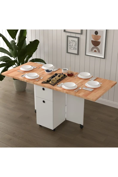 Lüks Masif Ahşap Katlanır Mutfak Yemek Masası %100 MDF Pratik Çekmeceli Çalışma Masası KM23 ürün görseli 1
