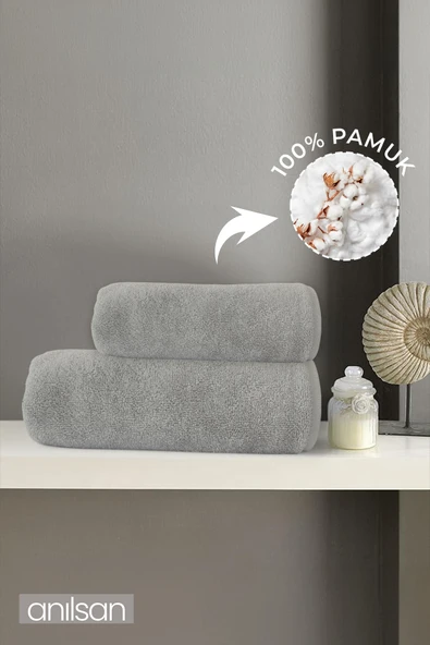 2'li Gri Havlu Seti %100 Pamuk - 1 Adet El Havlusu 50x90 ve 1 Adet Banyo Havlusu 70x140 ürün görseli 1